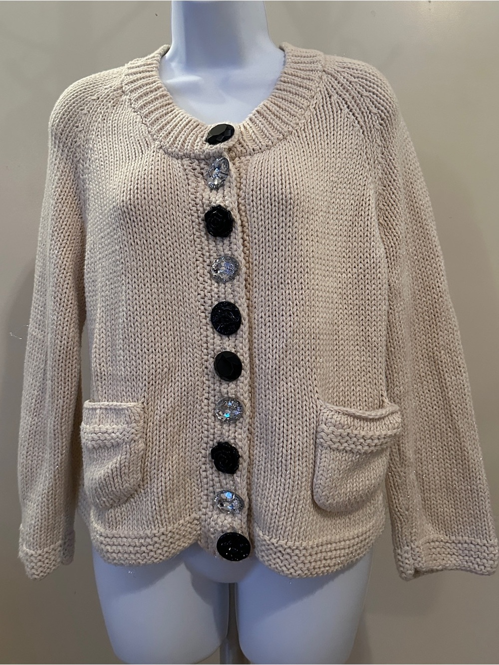Pure Handknit Cream Knit Button-Front Cardigan Sweater